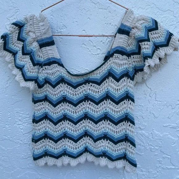 Altar'd State Womens Fashion Wave Stripe Print Crochet Top Blue Sz Small - Picture 2 of 9